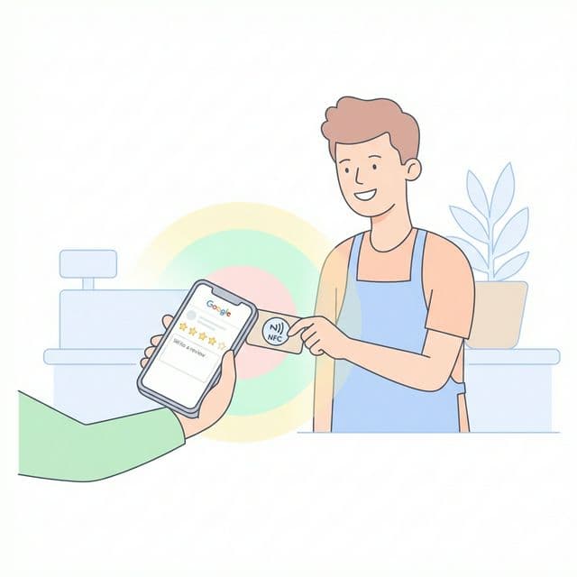 NFCカードをお客様のスマホにかざして口コミページを開くイメージ